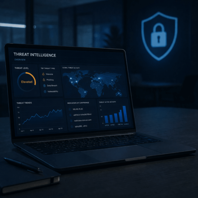 Dashboard de threat intelligence en cybersécurité avec analyse des menaces, indicateurs de compromission et cartographie des attaques
