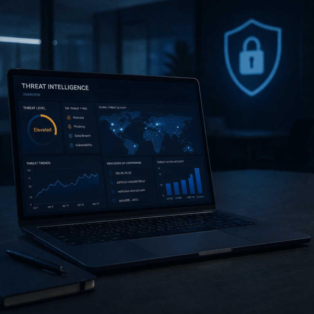 Dashboard de threat intelligence en cybersécurité avec analyse des menaces, indicateurs de compromission et cartographie des attaques